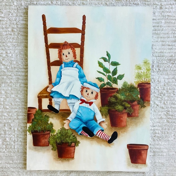 Vintage Raggedy Ann and Andy Large Oil Painting Canvas Initials On Back 18x24” - Picture 2 of 13